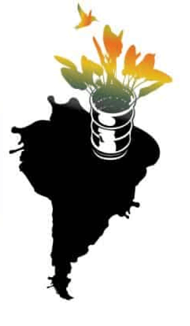 Mapa Latinoamerica en negro, con un barril metálico prendido fuego arriba.
